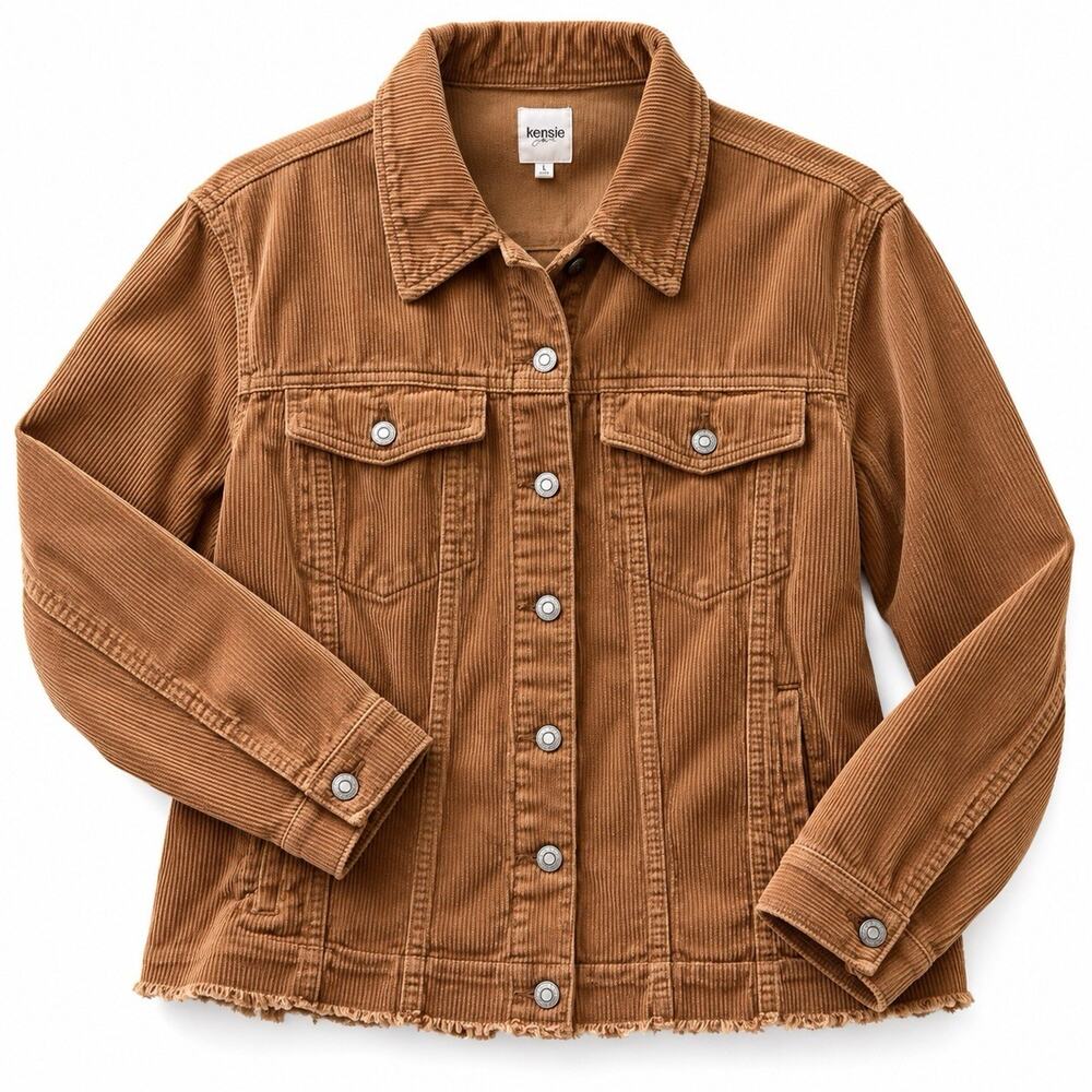 Kensie Jeans Womens L Tan Corduroy Trucker Jacket Button Front Pockets Fringe